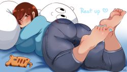 Rule 34 | ass, barefoot, bed, body pillow, breasts, brown eyes, brown hair, denim, ear piercing, feet, highres, huge ass, huge breasts, jeans, lightsource, lying, nail polish, on stomach, pants, piercing, pillow, plump, purin (lightsource), smile, soles, thick eyebrows, thick thighs, thighs, toes