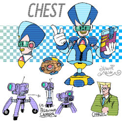 Rule 34 | 2boys, aqua background, aqua necktie, ariga hitoshi, armor, arrow (symbol), artist name, blonde hair, blue armor, blue background, blue helmet, bodysuit, camera, character name, character sheet, charley (mega man megamix), checkered background, chest (mega man), collared shirt, commentary request, concept art, earpiece, from behind, from side, full body, glasses, gradient background, green jacket, grey bodysuit, hand on own stomach, hand up, head-mounted display, highres, holding, holding tablet pc, humanoid robot, index finger raised, jacket, lapels, long hair, looking ahead, looking at viewer, male focus, mega man: battle &amp; chase, mega man (classic), mega man (series), mega man megamix, multiple boys, multiple views, necktie, notched lapels, portrait, radio antenna, rimless eyewear, robot, robot ears, scanlines, shirt, signature, simple background, smile, soles, standing, suit jacket, tablet pc, teeth, three quarter view, upper body, wheel, white background, white shirt