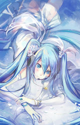Rule 34 | 1girl, aqua hair, bangle, blue eyes, blush, bracelet, elbow gloves, flower, gloves, hair flower, hair ornament, hatsune miku, headset, highres, jewelry, long hair, looking at viewer, lying, panties, ring, see-through, shadowsinking, smile, solo, striped clothes, striped panties, thighhighs, twintails, underwear, very long hair, vocaloid
