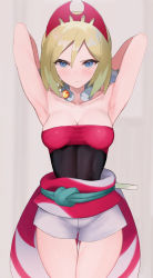 Rule 34 | 1girl, armpits, arms behind head, blonde hair, blue eyes, blush, bracelet, breasts, cleavage, closed mouth, collar, collarbone, commentary request, cowboy shot, creatures (company), eyelashes, game freak, grey background, hairband, irida (pokemon), jewelry, kataku musou, looking at viewer, medium hair, neck ring, nintendo, pokemon, pokemon legends: arceus, red hairband, sash, shirt, shorts, solo, strapless, strapless shirt, waist cape, white shorts