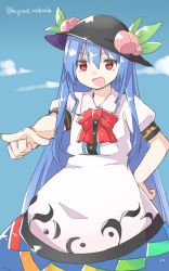 Rule 34 | &gt;:d, 1girl, :d, akagashi hagane, blue hair, blue sky, bow, cloud, day, dress, food, fruit, hand on own hip, hat, highres, hinanawi tenshi, leaf, long hair, open mouth, peach, pointing, puffy short sleeves, puffy sleeves, red bow, red eyes, short sleeves, sky, smile, solo, touhou, twitter username, v-shaped eyebrows, very long hair