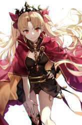 Rule 34 | 1girl, asymmetrical sleeves, bad id, bad twitter id, blonde hair, blurry, depth of field, ereshkigal (fate), fate/grand order, fate (series), film grain, gold trim, hand on own hip, hand on own thigh, highres, jewelry, long hair, long sleeves, looking at viewer, parted bangs, red eyes, smile, solo, tiara, uneven sleeves, very long hair, yohaku