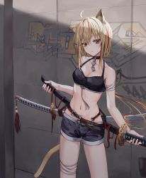 Rule 34 | 1girl, ahoge, animal ears, bandages, bare shoulders, belt, black choker, black shorts, blonde hair, breasts, cat ears, cat girl, cat tail, chain, choker, cleavage, closed mouth, cowboy shot, denim, expressionless, ha en, halterneck, halterneck, highres, holding, holding sword, holding weapon, katana, looking at viewer, midriff, multicolored hair, navel, original, red eyes, sheath, sheathed, short hair, short shorts, shorts, small breasts, solo, spaghetti strap, sports bra, standing, stomach, streaked hair, sword, tail, tassel, thighs, weapon, weapon on back