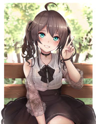 Rule 34 | 1girl, absurdres, ahoge, bench, black bow, black bowtie, black choker, black ribbon, blouse, blue eyes, bow, bowtie, brown hair, brown skirt, choker, clothing cutout, collared shirt, earrings, flower earrings, grey shirt, grin, hair between eyes, hair ribbon, high-waist skirt, highres, hololive, jewelry, lace, lace-trimmed skirt, lace sleeves, lace trim, medium hair, nail polish, natsuiro matsuri, natsuiro matsuri (casual), outdoors, pink nails, plaid, plaid shirt, puffy short sleeves, puffy sleeves, ribbon, rogi shin, see-through, see-through sleeves, shirt, short sleeves, shoulder cutout, sitting, skirt, smile, solo, sunlight, tree, twintails, v, virtual youtuber, wavy hair