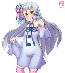 Rule 34 | 1girl, alternate costume, artist logo, blue dress, blue hair, blue ribbon, blunt bangs, blush, bow, checkered bow, checkered clothes, commentary request, cosplay, cowboy shot, dated, detached sleeves, dress, flower, hair bow, hair flower, hair ornament, hair ribbon, highres, kanon (kurogane knights), kantai collection, kotonoha aoi, kotonoha aoi (cosplay), long dress, long hair, look-alike, looking at viewer, murakumo (kancolle), orange eyes, pink bow, pink thighhighs, ribbon, short eyebrows, sidelocks, silver hair, simple background, smile, solo, standing, thighhighs, tress ribbon, voiceroid, white background, white dress