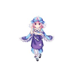 Rule 34 | 1girl, aged down, apron, black footwear, blue hat, blue kimono, closed mouth, floral print, frilled kimono, frills, full body, game cg, hat, highres, japanese clothes, kimono, long sleeves, looking at viewer, mob cap, pink eyes, pink hair, purple apron, rotte (1109), saigyouji yuyuko, saigyouji yuyuko (tiny ghost mistress), short hair, simple background, smile, socks, solo, third-party source, touhou, touhou lostword, triangular headpiece, white background, white socks, wide sleeves
