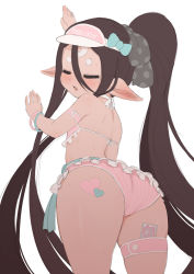 Rule 34 | 1girl, absurdly long hair, ass, back, bikini, black hair, blush, condom, condom in clothes, condom wrapper, facial mark, forehead mark, frilled bikini, frilled swimsuit, frills, granblue fantasy, harvin, hat, long hair, looking at viewer, looking back, namidate, pointy ears, ponytail, rei (granblue fantasy), solo, sticker, swimsuit, thigh strap, thighs, very long hair, visor cap