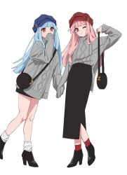 Rule 34 | 2girls, bag, black footwear, blue bow, blue hair, blue headwear, bow, closed mouth, covered mouth, earrings, fashion, grey sweater, hair over shoulder, hair tie, hand to own mouth, hand up, handbag, hat, hat bow, head tilt, high heels, highres, holding hands, jewelry, knees together feet apart, kotonoha akane, kotonoha aoi, leaning on person, long hair, long skirt, long sleeves, looking at viewer, matching outfits, miniskirt, moya (toatomoot), multiple girls, one eye closed, pencil skirt, pink hair, red bow, red eyes, red headwear, red socks, shirt partially tucked in, shoulder bag, simple background, skirt, sleeves past fingers, sleeves past wrists, socks, standing, standing on one leg, sweater, sweater tucked in, turtleneck, voiceroid, white background, white socks, winter clothes