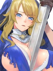 Rule 34 | 1girl, between breasts, blonde hair, blue eyes, breasts, cross, habit, highres, huge breasts, large breasts, long hair, mole, mole under mouth, nun, pupps, queen&#039;s blade, queen&#039;s blade rebellion, raised eyebrow, revision, sigui (queen&#039;s blade), solo, torn clothes, underboob, upper body