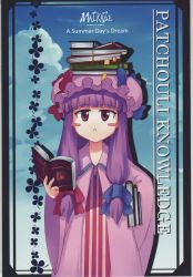 Rule 34 | 1girl, :&lt;, blush, blush stickers, book, book on head, bow, carrying, carrying under arm, character name, crescent, dress, english text, female focus, hair bow, hair ribbon, hat, hat bow, hat ribbon, object on head, open book, patchouli knowledge, pink bow, purple eyes, purple hair, reading, ribbon, solo, striped, tokine (maikaze), touhou, touhou musou kakyou, vertical stripes
