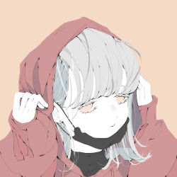 Rule 34 | 1girl, absurdres, black shirt, blunt bangs, closed mouth, colored eyelashes, commentary request, drawstring, earrings, grey hair, hands on own head, hands up, highres, hood, hood up, hoodie, jewelry, layered clothes, long sleeves, looking at viewer, mask, mask around neck, medium hair, mouth mask, no pupils, nocopyrightgirl, original, pale skin, red hoodie, shirt, sleeves past wrists, solo, yellow background, yellow eyes
