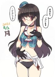 Rule 34 | 1girl, bare arms, bare shoulders, beret, black gloves, black hair, black panties, blush, bow, bow panties, breasts, choker, choukai (kancolle), choukai kai ni (kancolle), clothes lift, commentary, glasses, gloves, hat, kantai collection, long hair, looking at viewer, midriff, nakadori (movgnsk), open mouth, panties, pleated skirt, red eyes, simple background, skirt, skirt lift, sleeveless, solo, underwear, white background