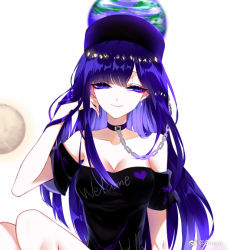Rule 34 | 1girl, bare shoulders, black shirt, blue eyes, blue hair, breasts, chain, cleavage, clothes writing, collar, collarbone, commentary request, earrings, earth (ornament), hand in own hair, heart, hecatia lapislazuli, hecatia lapislazuli (earth), houseki no kuni, jewelry, knees up, lapis lazuli (houseki no kuni), long hair, looking to the side, medium breasts, moon (ornament), name connection, off-shoulder shirt, off shoulder, sheya, shirt, simple background, sitting, smile, solo, touhou, upper body, very long hair, weibo logo, weibo watermark, white background