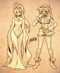 Rule 34 | 2girls, bad id, bad twitter id, bandages, bandaged leg, bandages, braid, breasts, chrono cross, chrono trigger, cleavage, contrapposto, crop top, cropped vest, dress, earrings, frown, gloves, greyscale, hand on own hip, high ponytail, highres, hoop earrings, jewelry, kid (chrono cross), medium breasts, midriff, miniskirt, monochrome, multi-tied hair, multiple girls, navel, necklace, pendant, robaato, schala zeal, sepia, signature, single braid, sketch, skirt, sleeves past wrists, smile, standing, sword, torn clothes, vest, weapon