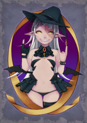 Rule 34 | 1girl, \n/, ascot, earrings, fangs, fingerless gloves, flat chest, gloves, grin, hat, highres, jewelry, kirisaki (gin16k), long hair, nail polish, navel, original, panties, pendant, pointy ears, single glove, single thighhigh, smile, solo, stitches, thigh gap, thighhighs, underwear, white hair, wings, witch hat, yellow eyes