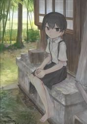 Rule 34 | 1girl, barefoot, black eyes, black hair, black skirt, closed mouth, collared shirt, day, expressionless, flat chest, full body, hair between eyes, hakonnbo, looking at viewer, original, outdoors, shirt, short hair, short twintails, sitting, skirt, solo, suspender skirt, suspenders, tree, twintails, white shirt