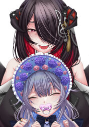 Rule 34 | 2girls, absurdres, bare shoulders, black hair, bonnet, braid, bright pupils, closed eyes, colored inner hair, commentary, demon horns, english commentary, floral print, flower, fortissimo, grey hair, hair flower, hair ornament, highres, hololive, hololive english, horns, japanese clothes, kimono, koseki bijou, koseki bijou (new year), long hair, mamarissa ravencroft, mature female, mole, mole under eye, multicolored hair, multiple girls, musical note, musical note hair ornament, off shoulder, official alternate costume, one eye covered, open mouth, pacifier, red eyes, red hair, simple background, smile, takodragonn, treble clef, two-tone hair, virtual youtuber, white background, white pupils, wings, you gonna get raped