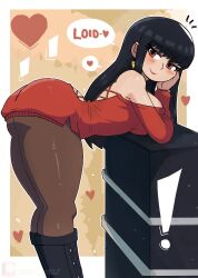 Rule 34 | !, 1girl, absurdres, ass, bent over, black footwear, black hair, black pantyhose, blush, boots, breasts, earrings, head rest, heart, highres, jewelry, large breasts, long hair, long sleeves, looking at viewer, off shoulder, pantyhose, red eyes, red sweater, smile, speech bubble, spoken heart, spy x family, standing, sweater, tony welt, yor briar