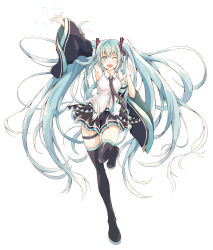 Rule 34 | 1girl, ;d, absurdres, black footwear, black necktie, black skirt, black sleeves, blue eyes, blue hair, boots, collared shirt, dairyo3, detached sleeves, dress shirt, full body, hair ornament, hatsune miku, highres, long hair, long sleeves, looking at viewer, midriff, miniskirt, navel, necktie, one eye closed, open mouth, pleated skirt, shirt, simple background, skirt, sleeveless, sleeveless shirt, smile, solo, standing, standing on one leg, stomach, thigh boots, thigh strap, thighhighs, very long hair, vocaloid, white background, white shirt, wide sleeves, wing collar
