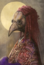 Rule 34 | androgynous, chinese zodiac, full moon, gender request, matajirou (matagiro), moon, nengajou, new year, original, outdoors, plague doctor mask, red hair, solo, year of the rooster