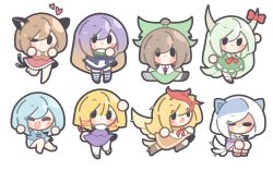 Rule 34 | 6+girls, :3, ;&lt;, animal ears, baek ban, barefoot, black footwear, black thighhighs, blonde hair, blue hair, blue skirt, blue vest, blush stickers, boots, bow, bowtie, brown footwear, brown hair, brown horns, cat ears, cat girl, cat tail, chen, chibi, chibi only, closed eyes, closed mouth, collared dress, collared shirt, dog ears, dog girl, dog tail, dress, ex-keine, foot up, gradient hair, green dress, green ribbon, green skirt, hair between eyes, hair ribbon, heart, highres, hijiri byakuren, horn bow, horn ornament, horns, jewelry, kamishirasawa keine, light blue hair, long hair, medium hair, mitsugashira enoko, moriya suwako, multicolored hair, multiple girls, multiple tails, necklace, niwatari kutaka, one eye closed, open mouth, orange skirt, pantyhose, pink skirt, purple hair, purple shirt, purple skirt, purple vest, rayman limbs, red bow, red bowtie, red hair, red ribbon, red shirt, red skirt, reiuji utsuho, ribbon, shirt, simple background, sitting, skirt, smile, socks, tail, tail wagging, tatara kogasa, thighhighs, touhou, tress ribbon, two-tone hair, two tails, vest, white background, white dress, white pantyhose, white shirt, white socks, yellow bow, yellow bowtie