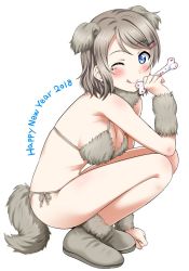Rule 34 | 1girl, :q, animal ears, blue eyes, blush, bone, breasts, brown hair, cleavage, commentary request, dog ears, dog tail, fur bikini, fur trim, happy new year, light brown hair, long hair, looking at viewer, love live!, love live! sunshine!!, medium breasts, navel, new year, one eye closed, sankuro (agoitei), shoes, short hair, simple background, smile, solo, squatting, tail, tongue, tongue out, watanabe you, white background