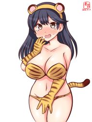 Rule 34 | 1girl, alternate costume, animal ears, animal hands, animal print, artist logo, bikini, black hair, blush, breasts, brown eyes, collarbone, cowboy shot, dated, elbow gloves, fang, gloves, kanon (kurogane knights), kantai collection, large breasts, long hair, looking at viewer, one-hour drawing challenge, open mouth, simple background, single elbow glove, smile, solo, swimsuit, tail, tiger ears, tiger paws, tiger print, tiger tail, twintails, ushio (kancolle), white background