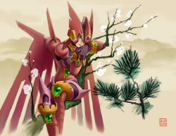 Rule 34 | 1girl, android, armor, capcom, ferham (mega man), green eyes, in tree, mechanical wings, no humans, mega man (series), mega man x (series), mega man x: command mission, sitting, sitting in tree, solo, tree, wings