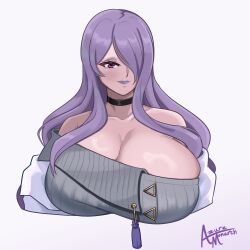 1girl artist_name azure_monarch black_choker breasts camilla_(fire_emblem) choker cleavage cosplay dress eyeshadow fate/grand_order fate_(series) fire_emblem fire_emblem_fates grey_sweater highres large_breasts lipstick long_hair looking_at_viewer makeup mrs._snake_(fate) mrs._snake_(fate)_(cosplay) nintendo purple_eyes purple_eyeshadow purple_hair purple_lips smile solo sweater sweater_dress tassel upper_body white_background