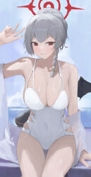 1girl absurdres alternate_costume black_wings blue_archive blue_sky blurry blurry_background blush braid breasts cleavage closed_mouth cloud collarbone commentary_request day grey_hair halo haruna_(blue_archive) highres jianjia large_breasts looking_at_viewer ocean one-piece_swimsuit outdoors red_eyes red_halo single_braid single_wing sky smile solo swimsuit thighs w white_one-piece_swimsuit wings