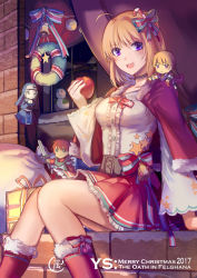 Rule 34 | 1girl, absurdres, adol christin, ahoge, bad id, bad pixiv id, bell, blonde hair, boots, box, breasts, brick, candy cane hair ornament, capelet, chester stoddart, christmas, copyright name, corset, dated, dogi (ys), doll, dress, elena stoddart, falcom, food, food-themed hair ornament, food themed hair ornament, fruit, fur trim, gift, gift bag, gift box, habit, hair ornament, highres, lanlanlu (809930257), looking at viewer, medium breasts, merry christmas, miniskirt, nun, open mouth, purple eyes, ribbon, short hair, signature, sister nell, sitting, skirt, smile, snowman, sword, weapon, window, wreath, ys, ys iii wanderers of ys