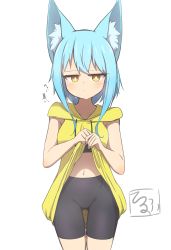 Rule 34 | 1girl, absurdres, animal ear fluff, bike shorts, black shorts, blue hair, blush, breasts, brown eyes, closed mouth, clothes lift, collarbone, drawstring, highres, hood, hood down, hoodie, hoodie lift, idaten93, lifting own clothes, long hair, long hoodie, looking at viewer, navel, original, short shorts, shorts, simple background, sleeveless, sleeveless hoodie, small breasts, solo, sweat, terufu-chan, translation request, white background, yellow hoodie