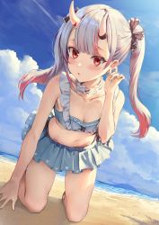 Rule 34 | 1girl, athenawyrm, beach, breasts, cleavage, cloud, hair between eyes, hair ribbon, highres, hololive, horns, kneeling, long hair, looking at viewer, nakiri ayame, nakiri ayame (hololive summer 2019), red eyes, ribbon, sand, silver hair, skin-covered horns, sky, small breasts, solo, swimsuit, twintails, virtual youtuber
