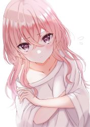 Rule 34 | 1girl, :&lt;, absurdres, blush, borrowed clothes, breasts, closed mouth, collarbone, crossed bangs, hair between eyes, highres, inui sajuna, ion i, long hair, looking at viewer, naked shirt, no pants, pink eyes, pink hair, shirt, short sleeves, signature, simple background, small breasts, solo, sono bisque doll wa koi wo suru, t-shirt, upper body, white background, white shirt