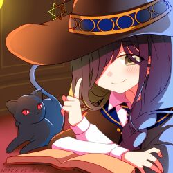 Rule 34 | 1girl, 2021, black cat, black cloak, black hat, blue necktie, braid, brown hair, cat, character request, cloak, closed mouth, collared shirt, dated, ehon chioka, ensemble girls!, hair over one eye, hat, long hair, lowres, multicolored necktie, necktie, purple hair, shirt, smile, solo, white shirt, witch hat, yellow necktie