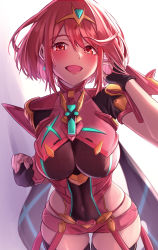 Rule 34 | 1girl, black gloves, breasts, chest jewel, earrings, fingerless gloves, gem, gloves, highres, jewelry, large breasts, looking at viewer, open mouth, pyra (xenoblade), red eyes, red hair, short hair, short shorts, shorts, solo, standing, thighhighs, tiara, xenoblade chronicles (series), xenoblade chronicles 2, yoshimoto (carpsukidayo)