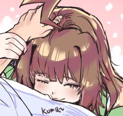 Rule 34 | 1boy, 1girl, :3, ahoge, blush, brown eyes, brown hair, commentary, dongsa wonhyong, english commentary, headpat, highres, huge ahoge, kantai collection, kuma (kancolle), long hair, looking at viewer, nuzzle, one eye closed, portrait, pov, shirt, simple background, sketch, solo focus, white shirt