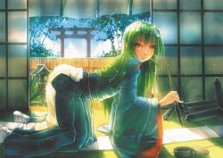 Rule 34 | 1girl, all fours, alternate costume, bad id, bad pixiv id, blue sky, calligraphy brush, cloud, day, female focus, frog hair ornament, green hair, hair ornament, hair ribbon, indoors, japanese clothes, kimono, kochiya sanae, light particles, long hair, long sleeves, looking at viewer, obi, open door, paintbrush, revision, ribbon, sash, scroll, siqi (miharuu), sky, snake hair ornament, solo, sunlight, tatami, torii, touhou, tree, wide sleeves, yellow eyes