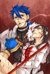 Rule 34 | 1boy, 1girl, armor, black hair, blood, blue hair, breasts, cu chulainn (fate), cu chulainn (fate/prototype), dress, earrings, closed eyes, fate/prototype, fate (series), fur, gloves, jewelry, long hair, necklace, open mouth, polearm, red background, red eyes, reiroukan misaya, shoulder pads, smoking, spear, weapon