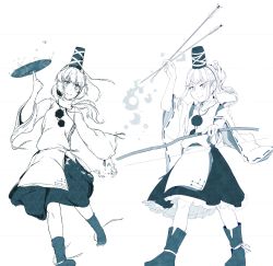Rule 34 | absurdres, alcohol, blue theme, bow, bow (weapon), bubble, closed mouth, cup, full body, hat, hi you (flying bear), highres, holding, holding bow (weapon), holding weapon, japanese clothes, kariginu, long hair, long sleeves, looking at viewer, monochrome, mononobe no futo, ponytail, revision, ribbon, sakazuki, sake, simple background, skirt, tate eboshi, touhou, weapon, white background, wide sleeves