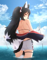 Rule 34 | 1girl, animal ear fluff, animal ears, back, back focus, bikini, bikini under clothes, black hair, blue sky, blush, closed mouth, day, flipped hair, from behind, high ponytail, highres, hololive, jacket, kaeru-taro, long hair, looking at viewer, looking back, multicolored hair, ookami mio, ookami mio (hololive summer 2019), outdoors, partially submerged, red hair, short shorts, shorts, sky, smile, solo, standing, streaked hair, swimsuit, tail, tail around own leg, tail wrap, very long hair, virtual youtuber, wet, wolf ears, wolf girl, wolf tail, yellow eyes
