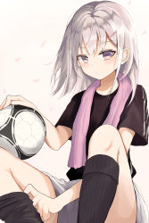 Rule 34 | 1girl, 1ssakawaguchi, absurdres, bad id, bad pixiv id, ball, black shirt, black socks, blush, collarbone, commentary request, expressionless, feet out of frame, grey hair, hair ornament, hairclip, highres, holding, holding ball, kneehighs, kneehighs pull, looking at viewer, medium hair, original, petals, purple eyes, removing legwear, shirt, short sleeves, shorts, sitting, soccer, soccer ball, soccer uniform, sock pull, socks, solo, sportswear, thighs, towel, towel around neck, white shorts, yellow background