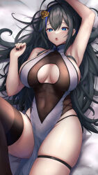 Rule 34 | 1girl, :o, absurdres, amano kusatsu, arm up, armpits, bare arms, bare shoulders, bed sheet, black hair, black nails, blue eyes, breasts, brown dress, brown thighhighs, china dress, chinese clothes, cleavage, cleavage cutout, clothing cutout, covered navel, dress, hair ornament, hair spread out, hand up, highres, large breasts, leg up, long hair, looking at viewer, lying, mole, mole on armpit, mole on breast, mole on thigh, multicolored hair, nail polish, on back, open mouth, original, panties, panty peek, panty straps, pelvic curtain, sideboob, single thighhigh, skindentation, sleeveless, sleeveless dress, solo, streaked hair, string panties, thigh strap, thighhighs, thighs, two-tone dress, underwear, very long hair, white dress