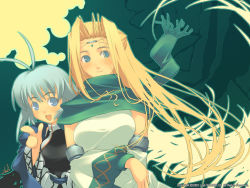 Rule 34 | 00s, 2003, 2girls, ahoge, blonde hair, breasts, crossed arms, detached sleeves, floating hair, green hair, green scarf, hair intakes, camyu, large breasts, long hair, looking at viewer, looking away, multiple girls, official art, official wallpaper, open mouth, pointing, scarf, signature, smile, ulthury, utawarerumono