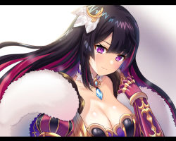 Rule 34 | 1girl, armor, bad id, bad pixiv id, black hair, blush, breasts, character request, cleavage, closed mouth, collarbone, fur trim, gauntlets, gem, gradient background, hair ornament, hairpin, hand up, ichigo seika, large breasts, letterboxed, long hair, looking at viewer, purple eyes, purple hair, shironeko project, shoulder armor, smile, solo, two side up, upper body, very long hair, white background, wrist cuffs