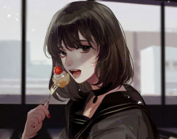 Rule 34 | 1girl, absurdres, black choker, black eyes, black hair, black sailor collar, blurry, blurry background, cake, choker, collarbone, commentary, depth of field, english commentary, ez 1011, food, fork, from side, fruit, hand up, highres, holding, holding fork, indoors, light particles, looking at viewer, looking to the side, mole, mole under eye, nail polish, original, red nails, sailor collar, school uniform, shirt, short hair, solo, sprinkles, strawberry, upper body, white shirt