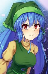 Rule 34 | 1girl, blue hair, breasts, closed mouth, green headwear, haniyasushin keiki, head scarf, highres, large breasts, long hair, long sleeves, looking at viewer, red eyes, single strap, smile, solo, touhou, upper body, yosshy