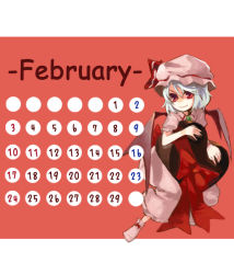 Rule 34 | 1girl, bow, calendar, candy, chocolate, chocolate heart, female focus, hat, heart, red background, red bow, red eyes, remilia scarlet, short sleeves, silver hair, solo, takishima asaka, touhou, valentine, wings
