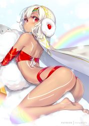 Rule 34 | 1girl, altera (fate), altera the santa (fate), arched back, ass, back, bare legs, bare shoulders, barefoot, blush, closed mouth, commentary request, dark-skinned female, dark skin, detached sleeves, earmuffs, fate/grand order, fate (series), hong (white spider), looking at viewer, looking to the side, patreon username, red eyes, sheep, short hair, solo, veil, white hair