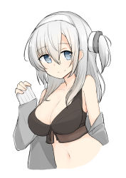 Rule 34 | 1girl, bare shoulders, bikini, black bikini, blue eyes, breasts, cleavage, closed mouth, collarbone, cropped torso, grey jacket, hair between eyes, hair ornament, hairband, hand up, highres, jacket, kantai collection, long hair, long sleeves, medium breasts, navel, off shoulder, one side up, open clothes, open jacket, pinching sleeves, sakikumo (sakumo), silver hair, simple background, sleeves past wrists, smile, solo, suzutsuki (kancolle), swimsuit, upper body, white background, white hairband